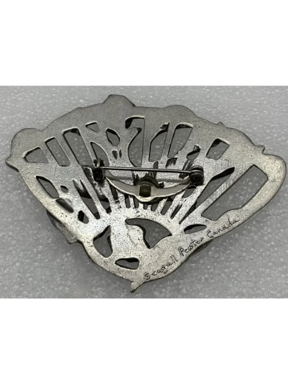 Vintage Bird in Flight Floral Fan Brooch Seagull Pewter Canada Late 1980s Signed